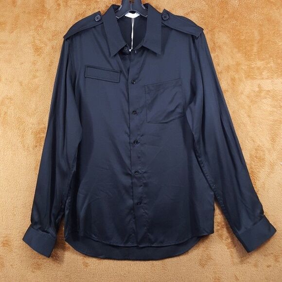 HELMUT LANG Shirt Mens XS Black Button Up Long Sleeve Pocket EPAULETTE $395 - Picture 2 of 10